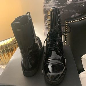 Donald Pliner Black Camren Crinkled Patent Leather Combat Boots